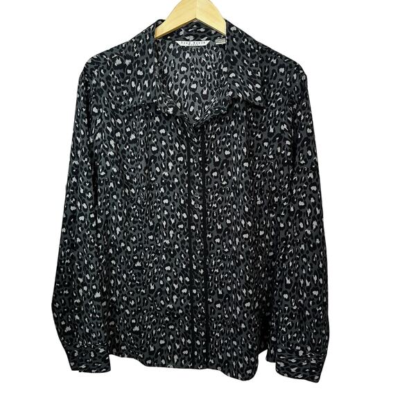 Fred David Gray Black Leopard Print Shirt‎ Womens Button Up Top Size 3X Stretch - Picture 1 of 7
